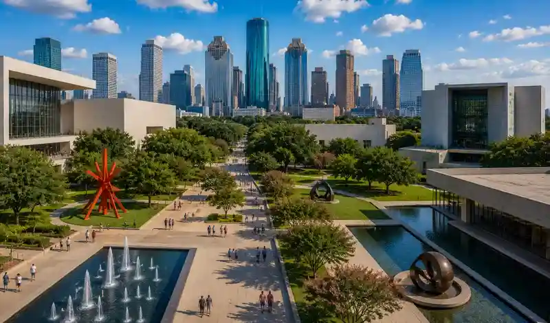Houston Museum District featuring world-class museums, sculpture gardens, fountains, and the downtown skyline.